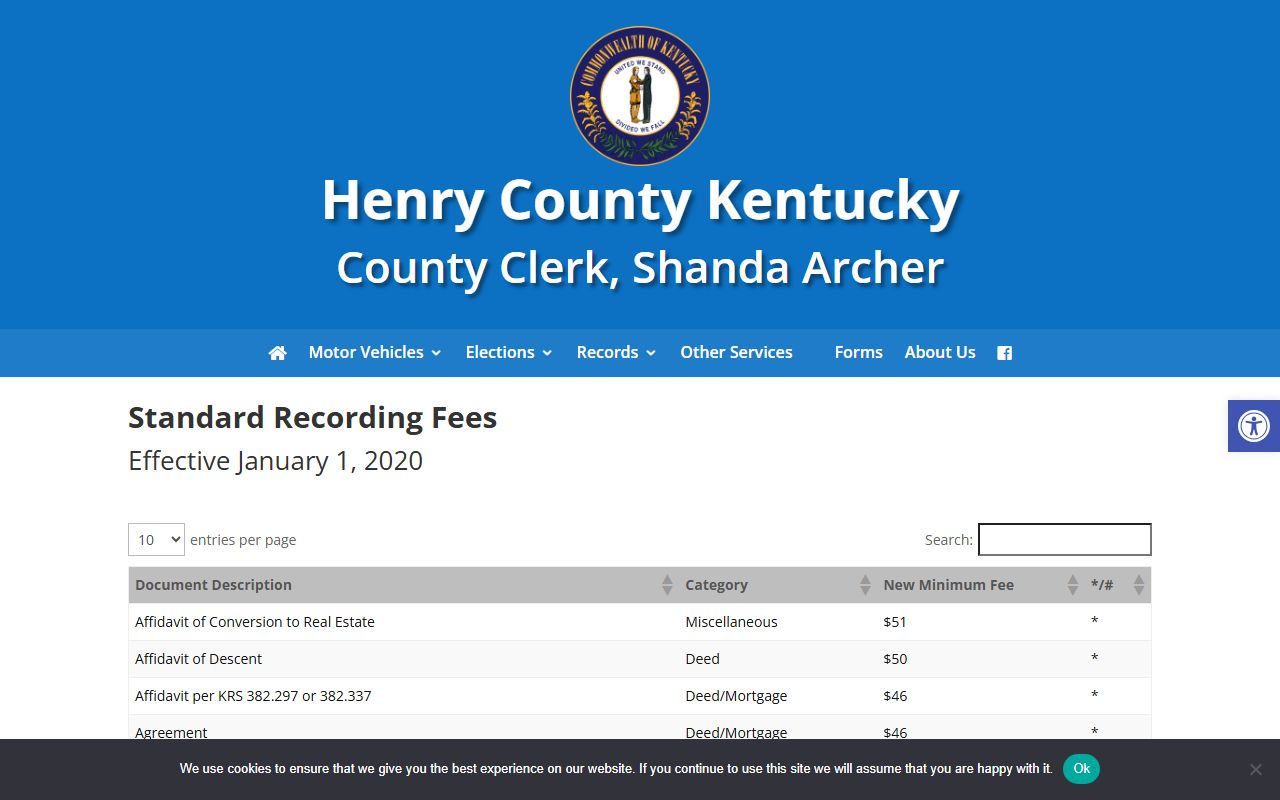 Henry County Kentucky county clerk recording fees for deeds wills and liens