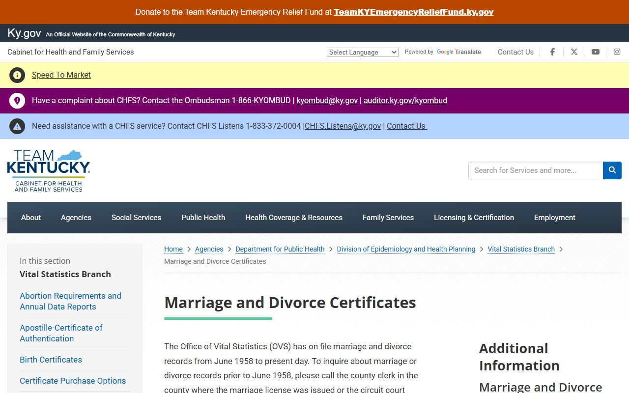 Henry County marriage and divorce records Kentucky certificate request page